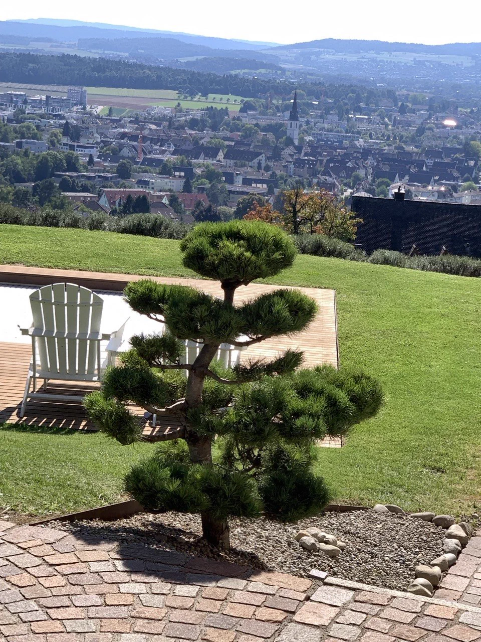 Niwaki mit Terrassenstuhl und weitem Blick über den Garten und die Schweizer Landschaft